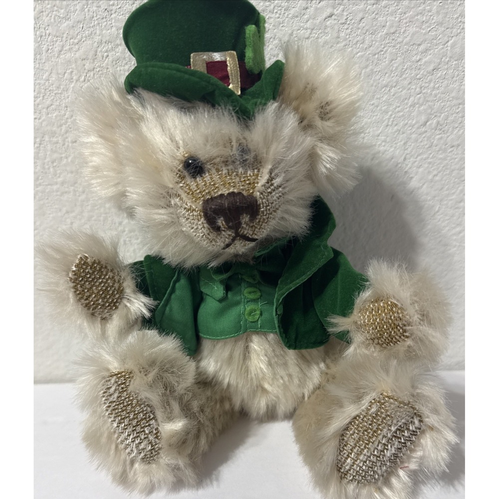 ST. PATRICK'S DAY Jointed Stuffed Mohair Bear Toy Top Hat Vest  T.L. Toys 9"